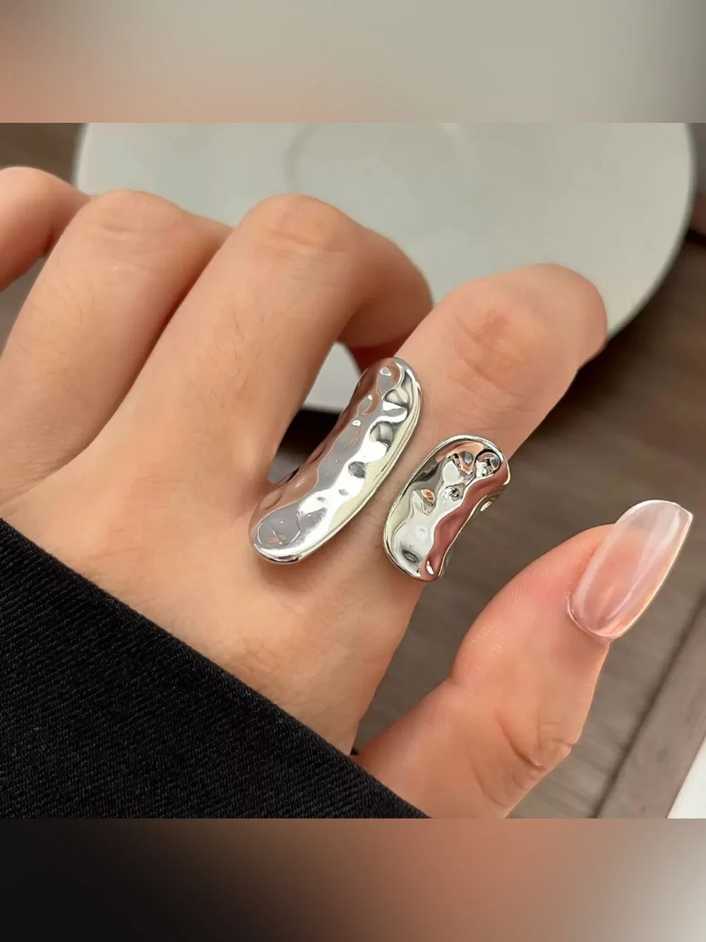 Silver Open Wrap Hammered Texture  Statement Ring Adjustable